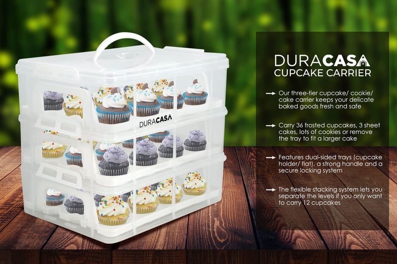 DuraCasa Cupcake Carrier, Cupcake Holder | Premium Upgraded Model Holds Cupcakes Steadier | Store up to 36 Cupcakes or Muffins | Stacking Cupcake Storage Container | Use 1,2, or 3 Tiers (White) - Image 4